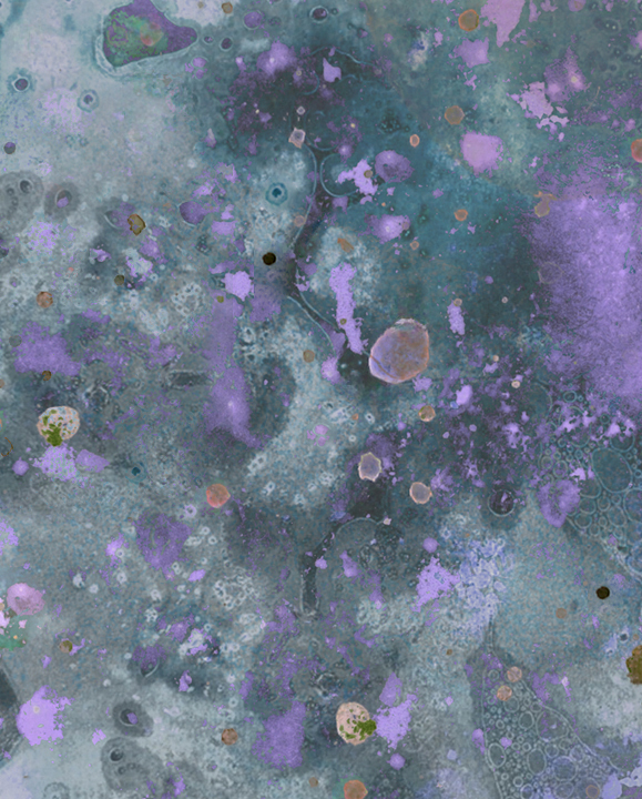 Subsurface I, a fluid abstract acrylic painting staged on a studio wall