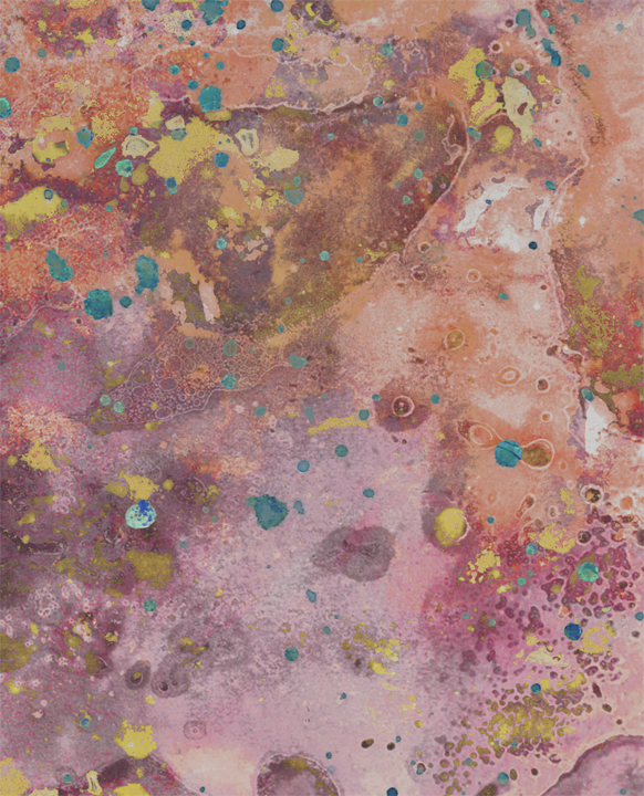 Coral Drift II, a fluid abstract acrylic painting staged on a studio wall